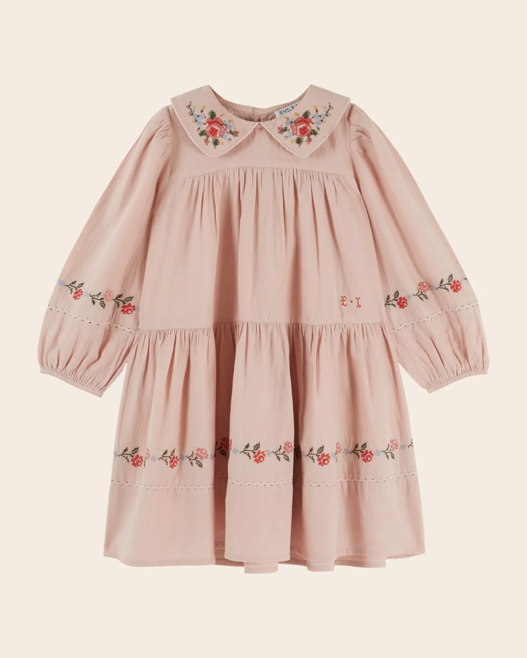 EMILE ET IDA Dress Embroidered cross stitch pink