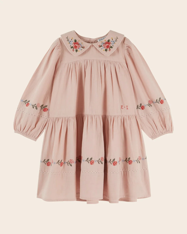 EMILE ET IDA Dress Embroidered cross stitch pink