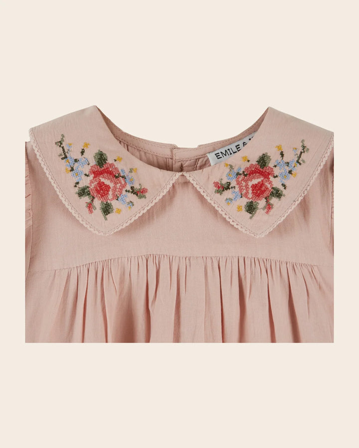 EMILE ET IDA Dress Embroidered cross stitch pink