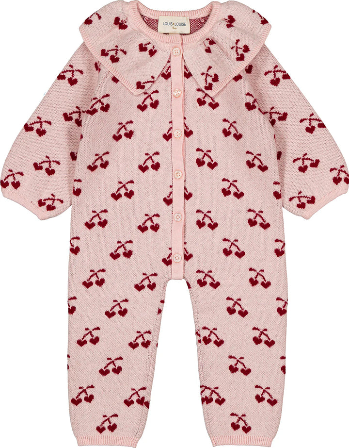 LOUIS LOUISE one piece wool knit cherry print long overalls with collar - pink/burgundy