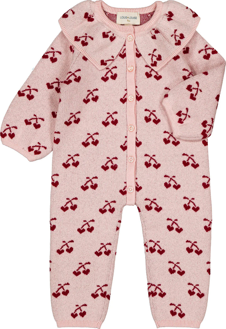 LOUIS LOUISE one piece wool knit cherry print long overalls with collar - pink/burgundy